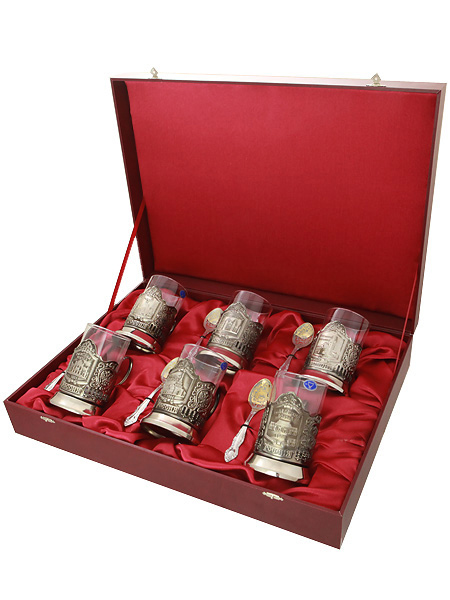 Подарочный футляр для 6 подстаканников, стаканов и чайных ложек с двумя замочками