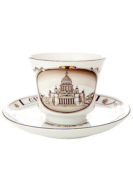 Чашка с блюдцем чайная форма \"Банкетная\", рисунок \"Исаакиевский собор\", Императорский фарфоровый завод