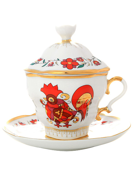Чашка чайная с крышечкой и блюдцем форма \"Подарочная-2\", рисунок \"Сувенир\", Императорский фарфоровый завод