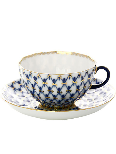 Чашка с блюдцем чайная форма \"Тюльпан\", рисунок \"Кобальтовая сетка\", Императорский фарфоровый завод
