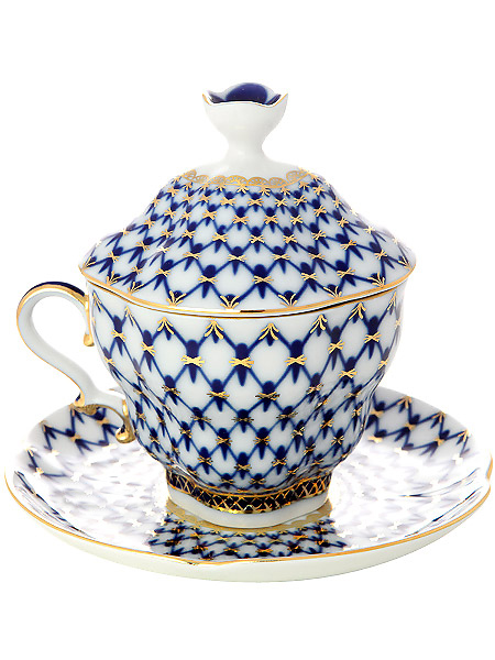 Чашка чайная с крышечкой и блюдцем форма \"Подарочная-2\", рисунок \"Кобальтовая сетка\", Императорский фарфоровый завод