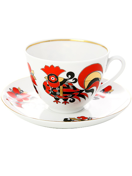 Чашка с блюдцем чайная форма \"Весенняя\", рисунок \"Красные петушки\", Императорский фарфоровый завод