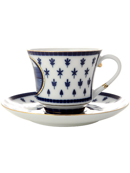 Чашка с блюдцем чайная форма \"Банкетная\", рисунок \"Верхне-Лебяжий мост\", Императорский фарфоровый завод