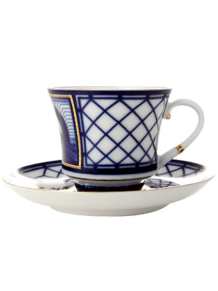 Чашка с блюдцем чайная форма \"Банкетная\", рисунок \"Эрмитажный мост\", Императорский фарфоровый завод