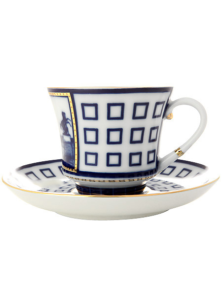 Чашка с блюдцем чайная форма \"Банкетная\", рисунок \"Аничков мост\", Императорский фарфоровый завод
