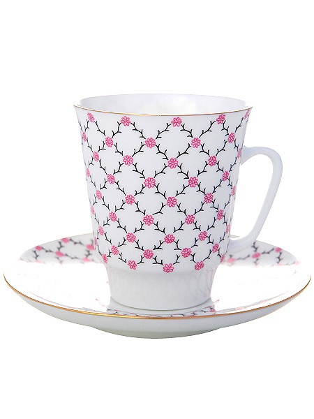 Чашка с блюдцем чайная форма \"Майская\", рисунок \"Розовая сетка\", Императорский фарфоровый завод