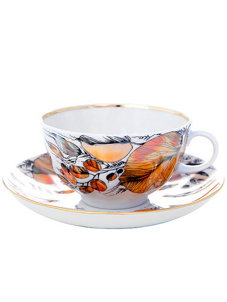Чашка с блюдцем чайная форма \"Тюльпан\", рисунок \"Мой сад\" (отводка), Императорский фарфоровый завод