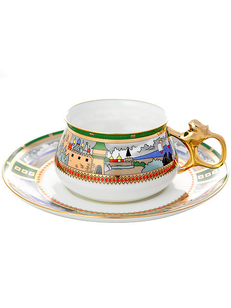 Чашка с блюдцем чайная форма \"Билибина\", рисунок \"Деревня на озере\", Императорский фарфоровый завод