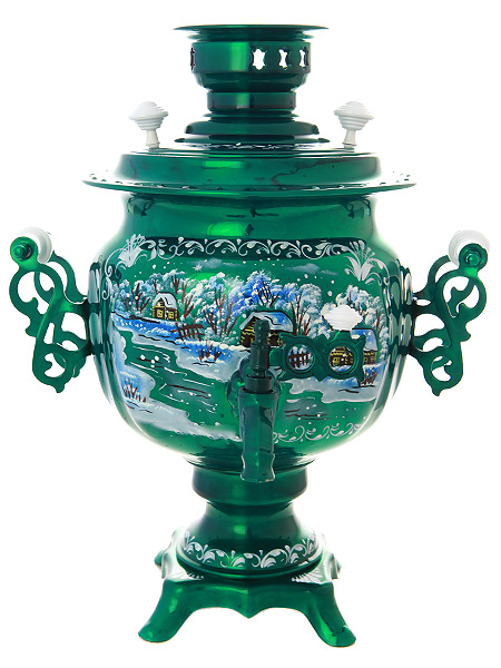 Электрический самовар 3 литра с художественной росписью \"Пейзаж на зеленом фоне\", арт. 155655