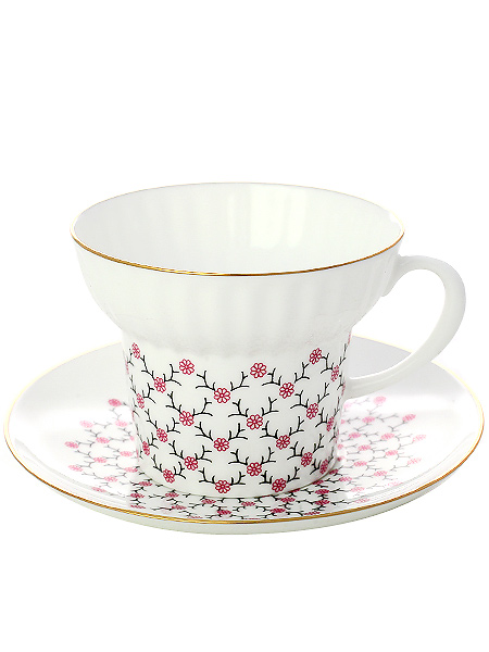 Чашка с блюдцем кофейная форма \"Волна\", рисунок \"Розовая сетка\", Императорский фарфоровый завод