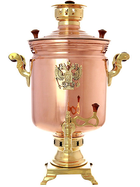 Комбинированный самовар 7 литров латунь-медь \"цилиндр\" с накладным Гербом РФ, арт. 330522