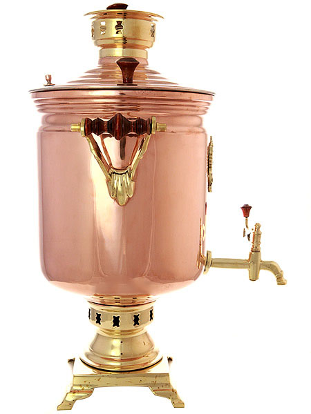 Комбинированный самовар 7 литров латунь-медь "цилиндр" с накладным Гербом РФ, арт. 330522