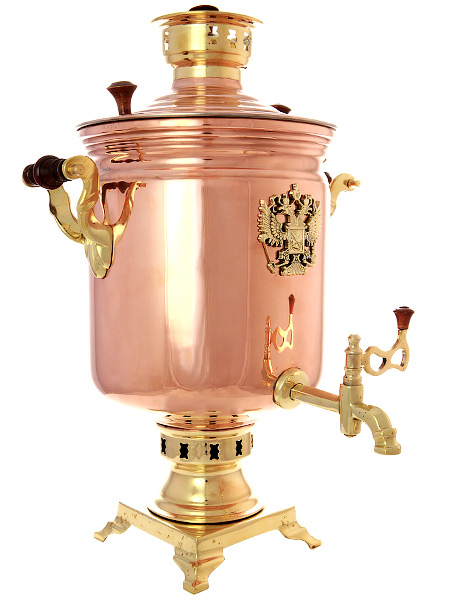 Комбинированный самовар 7 литров латунь-медь "цилиндр" с накладным Гербом РФ, арт. 330522