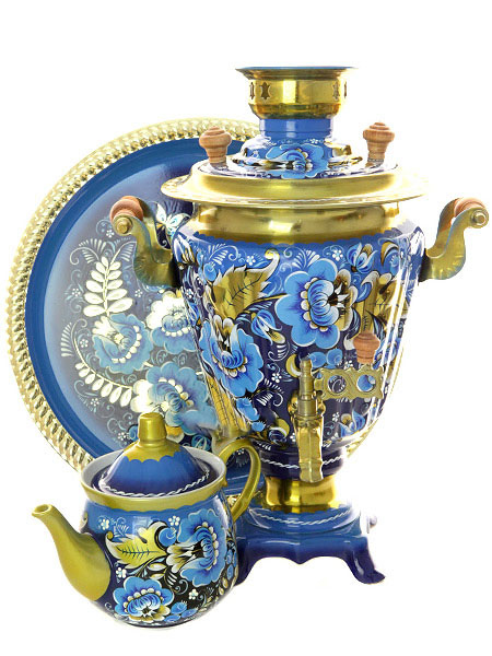 Набор самовар электрический 3 литра с художественной росписью \"Кудрина на голубом фоне\", арт. 121211