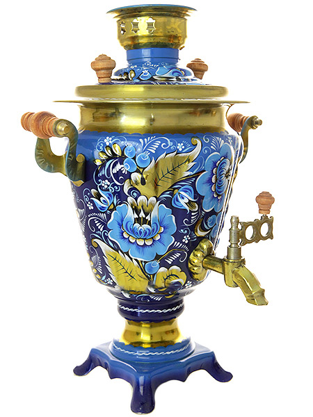 Набор самовар электрический 3 литра с художественной росписью "Кудрина на голубом фоне", арт. 121211