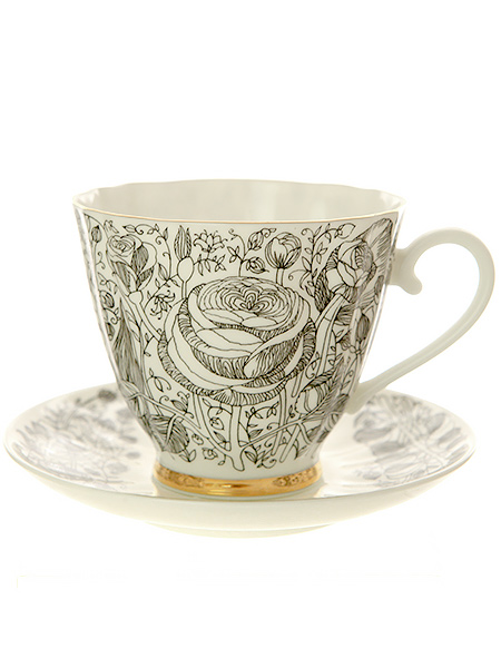 Чашка с блюдцем чайная форма \"Гвоздика\" рисунок \"Лето черное\", Императорский фарфоровый завод