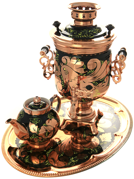Набор самовар электрический 3 литра с художественной росписью "Золотые цветы на черном фоне" с медным напылением, арт. 140637