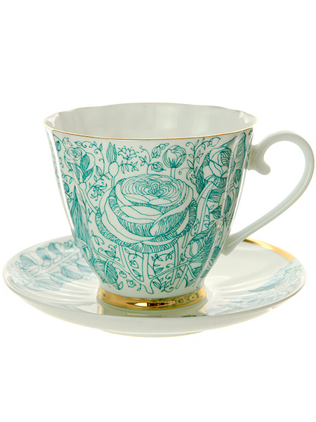 Чашка с блюдцем чайная форма \"Гвоздика\" рисунок \"Лето зеленое\", Императорский фарфоровый завод