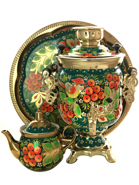 Набор самовар электрический 3 литра с росписью \"Птица в рябине на зеленом\", арт. 159689