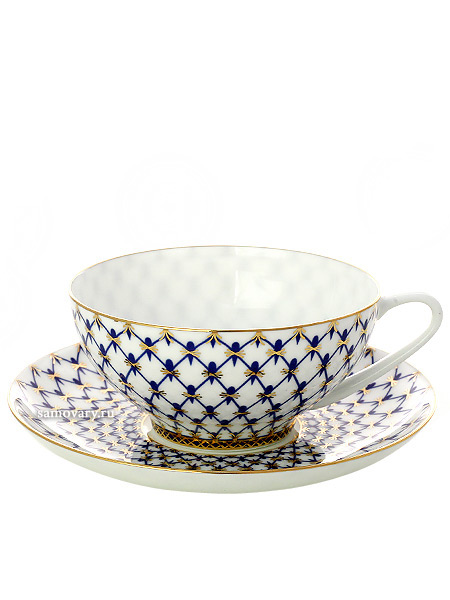 Фарфоровая чайная чашка с блюдцем форма \"Купольная\", рисунок \"Кобальтовая сетка\", Императорский фарфоровый завод