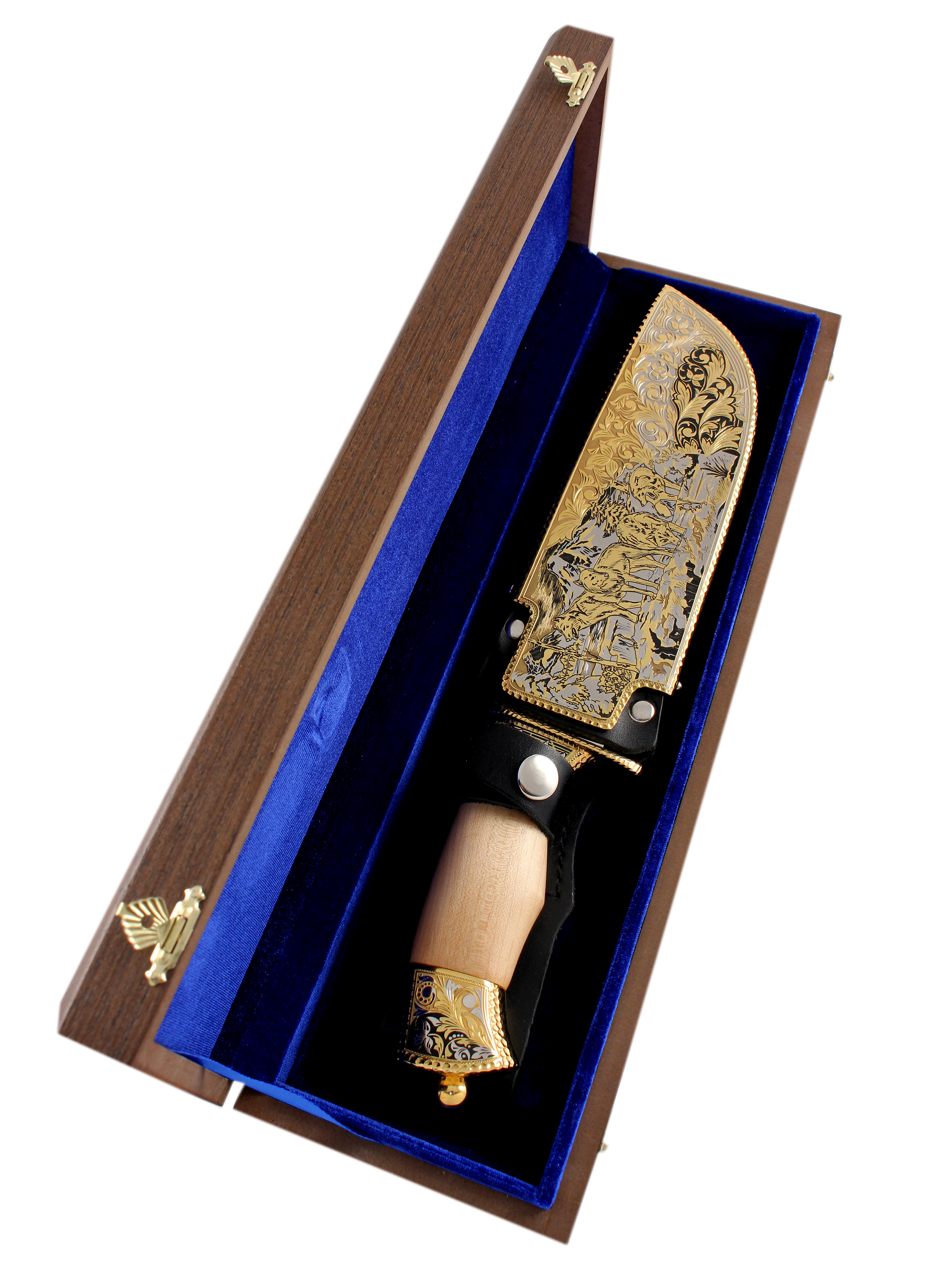 Позолоченный сувенирный нож \"Вавилон\" волки сталь ЭИ-107 в подарочном футляре, Златоуст
