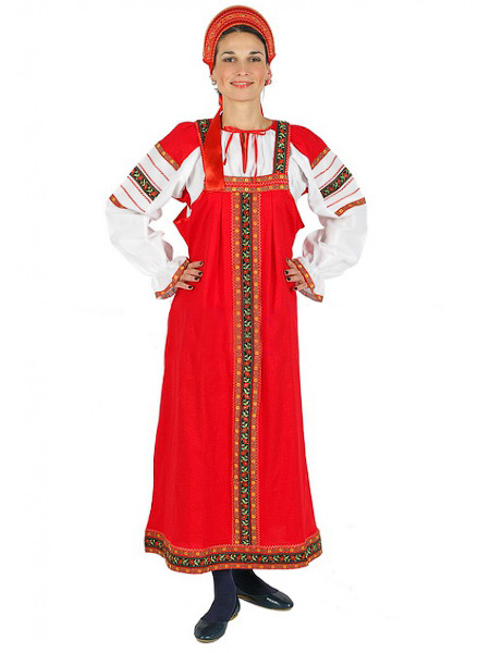 Русский народный костюм для танцев хлопковый комплект красный \"Дуняша\": сарафан и блузка, XL-XXXL
