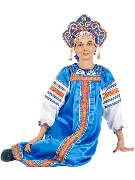Русский народный костюм для танцев атласный комплект васильковый \"Василиса\": сарафан и блузка, XL-XXXL 