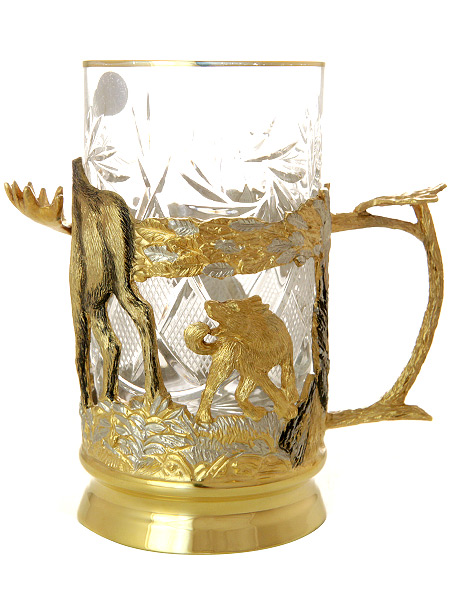 Чайный набор \"Лось\" (ложка, тарелка, хрусталь) Златоуст позолоченный