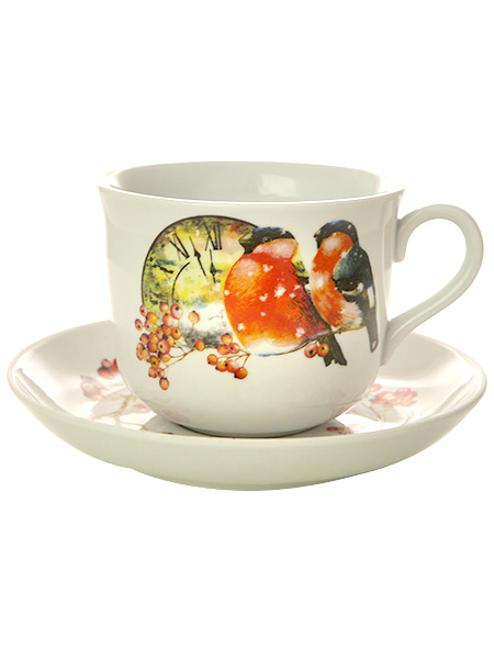 Фарфоровая чашка с блюдцем форма "Ностальгия" рисунок "Снегири", Дулево