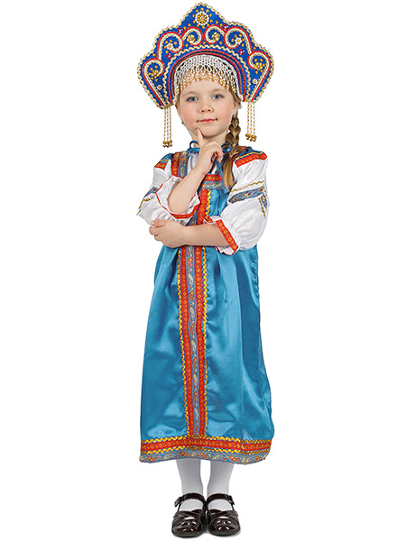 Русский народный костюм детский голубой атласный комплект \"Василиса\": сарафан и блузка, 1-6 лет