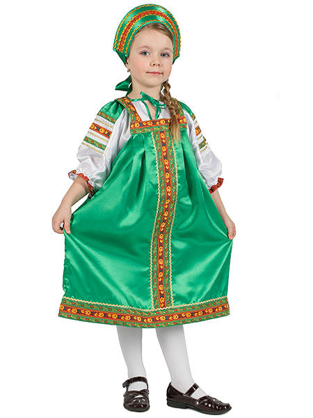 Русский народный костюм детский зеленый атласный комплект \"Василиса\": сарафан и блузка, 7-12 лет