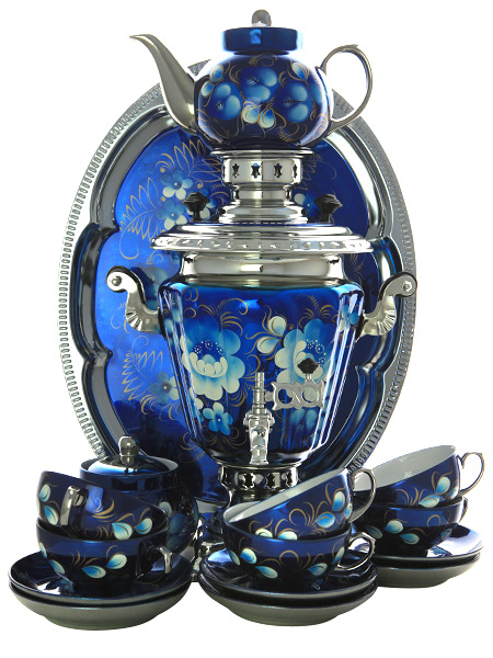 Набор самовар электрический 3 литра с художественной росписью \"Жостово на синем фоне\" с чайным сервизом и подносом, арт. 103558с