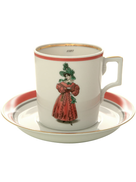 Чашка с блюдцем чайная форма \"Гербовая\" рисунок \"Modes de Paris 1827\", Императорский фарфоровый завод
