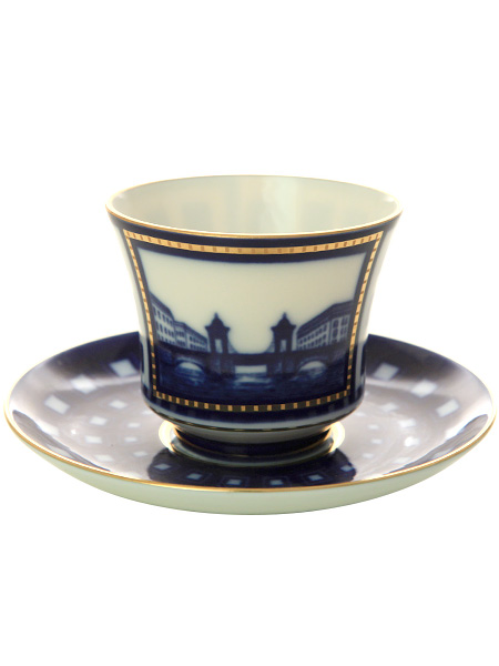 Чашка с блюдцем чайная форма \"Банкетная\", рисунок \"Старо-Калинкин мост\", Императорский фарфоровый завод
