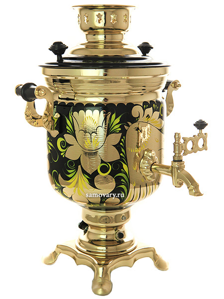 Самовар электрический 3 литра с чайником и подносом, роспись "Золотые цветы на черном фоне" с автоотключением