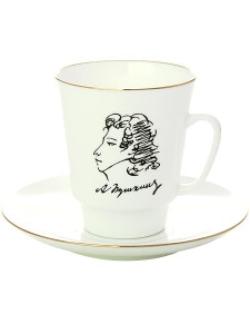 Кофейная чашка с блюдцем форма \"Майская\", рисунок \"А.С. Пушкин\", Императорский фарфоровый завод