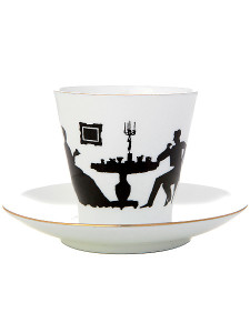 Кофейная чашка с блюдцем форма \"Черный кофе\", рисунок \"Гость\", серия \"Силуэты\", Императорский фарфоровый завод