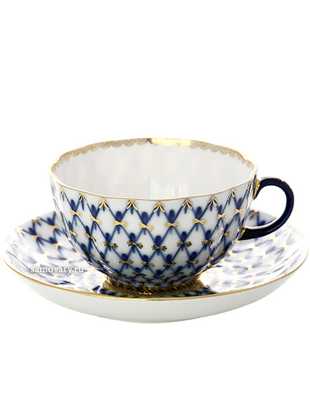 Фарфоровая чайная чашка с блюдцем форма \"Тюльпан\", рисунок \"Кобальтовая сетка\", Императорский фарфоровый завод