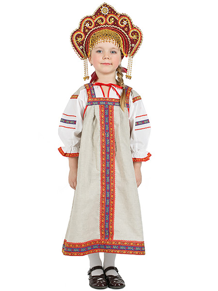 Русский народный костюм детский льняной комплект бежевый \"Забава\": сарафан и блузка, 7-12 лет